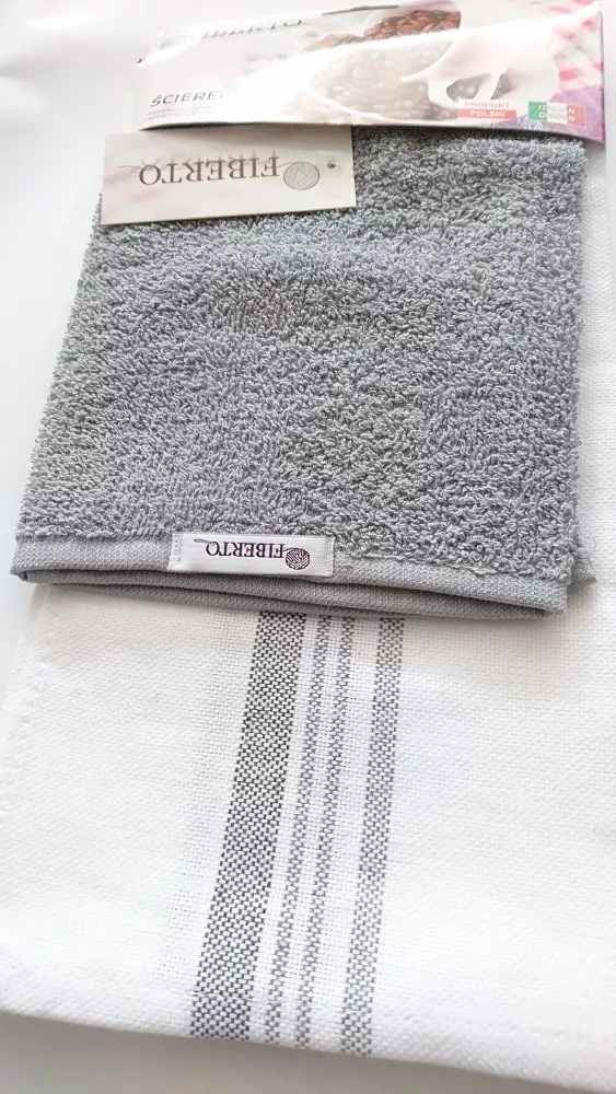 Komplet ścierek kuchennych Fiberto ścierka biała szare paski 50x70 ręcznik szary 30x48 100% bawełny