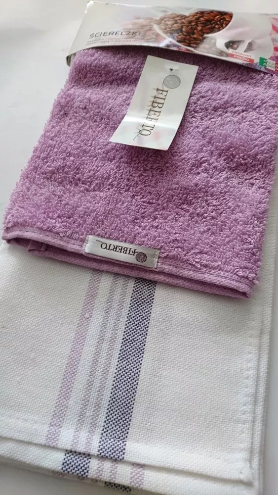 Komplet ścierek kuchennych Fiberto ścierka biała fioletowe paski 50x70 ręcznik fioletowy jasny 30x48 100% bawełny