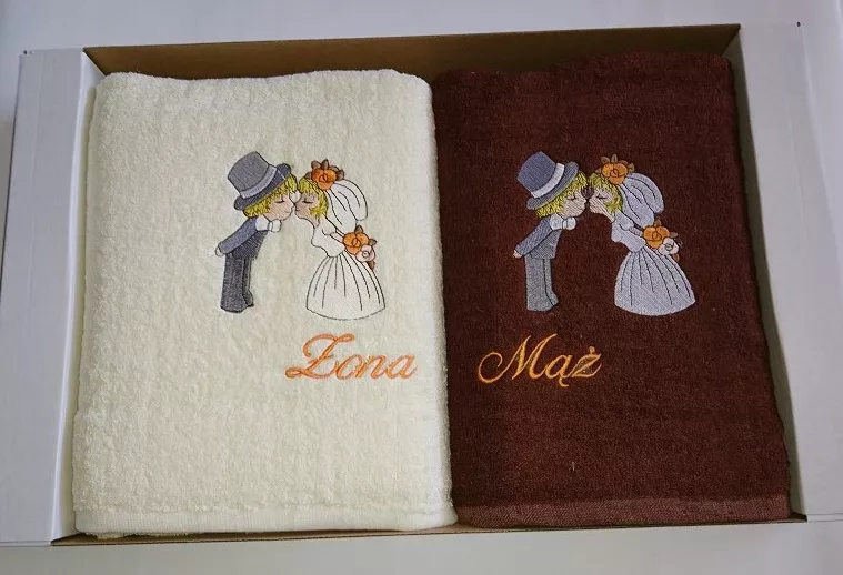 Komplet ręczników Wenus 2szt. 70x140 Młoda Para Mąż Żona kremowy brązowy napis pomarańczowy 1868