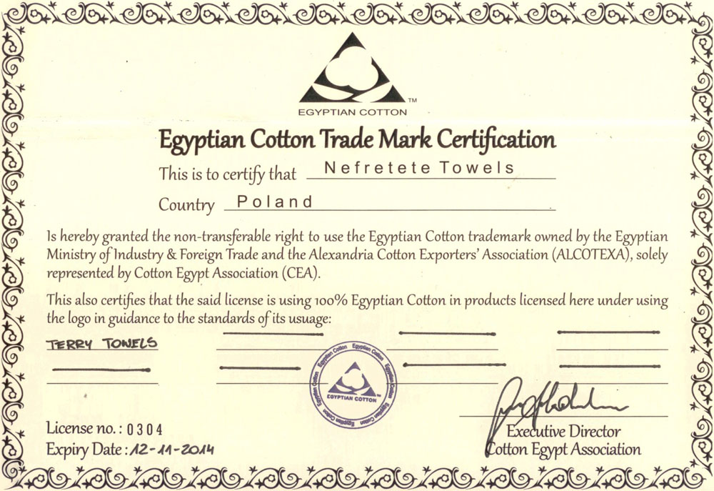 Certyfikat Egyptian Cotton Ręczniki Nefretete
