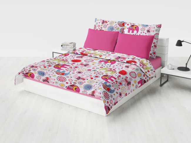 Narzuta na łóżko dziecięca 150x200 Magic Pinky World Elephant słoniki cyrk ptaszki kwiatki