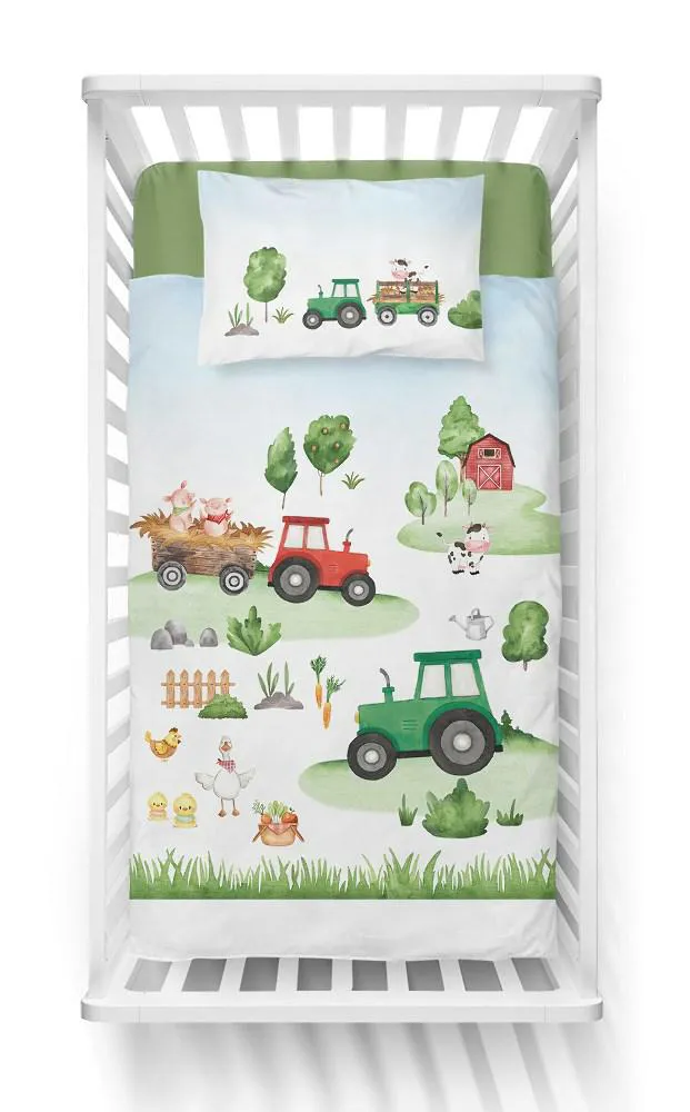 Pościel bawełniana 100x135 Farma          traktory zielona czerwona 4294 A Mayamoo 20