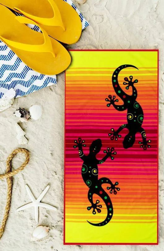 Ręcznik plażowy 86x170 XXL Monica 09 Jaszczurki żółty różowy mikrofibra 270g/m2 kąpielowy