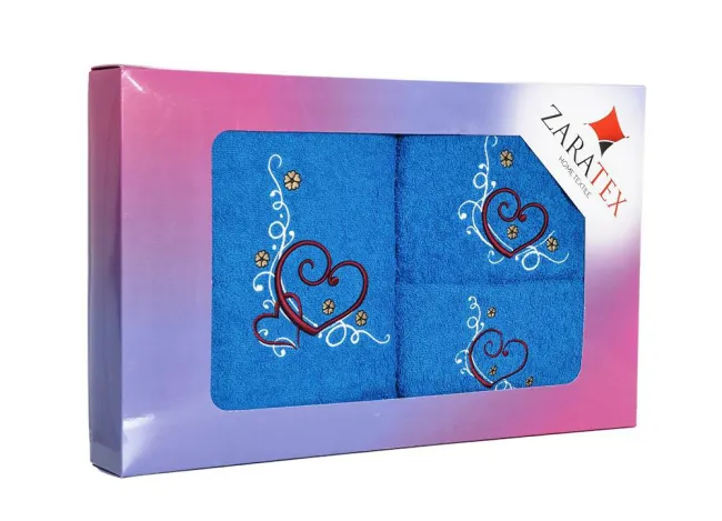 Komplet ręczników w pudełku 3 szt Serce serduszka kobaltowy 30x50, 50x90, 70x140 400g/m2