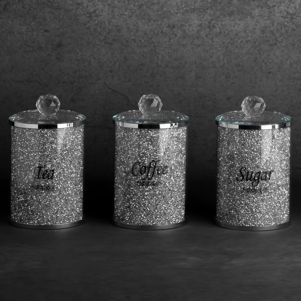 Komplet pojemników Ventosa 3szt. 10x17 kawa herbata cukier srebrny do przechowywania z kryształkami w stylu glamour Eurofirany