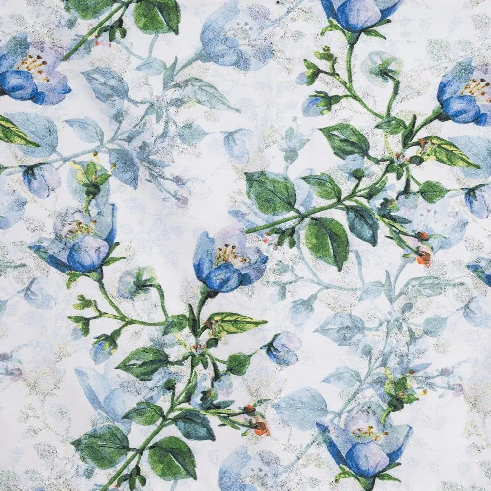 Pościel satynowa 220x200 kwiaty malowane motyw roślinny biała niebieska zielona Eloida Eurofirany