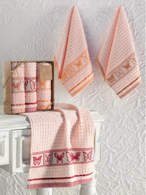 Komplet ręczników kuchennych Butterfly 3szt 30x50 haft motylki różowy jasny bawełniany