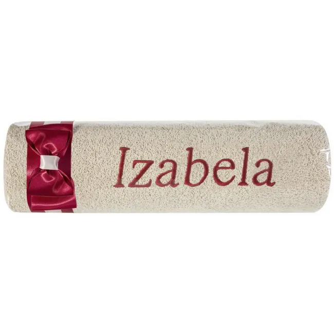 Ręcznik z haftem 50x90 Izabela beżowy bordowa kokarda na prezent imieninowy