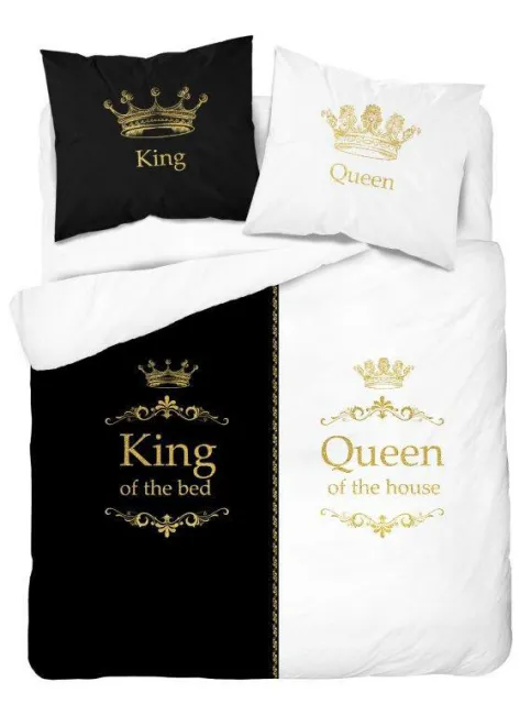 Pościel bawełniana 160x200 3608 A King Queen of the house biała czarna biała zlota Król i Królowa dwustronna dla pary Holland Home 2