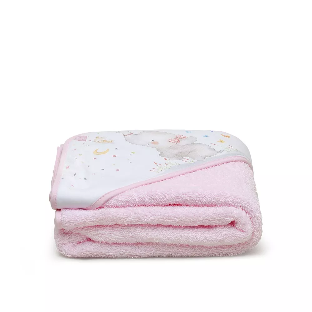 Okrycie kąpielowe 100x100 Słoń różowy  ręcznik z kapturkiem + przytulanka