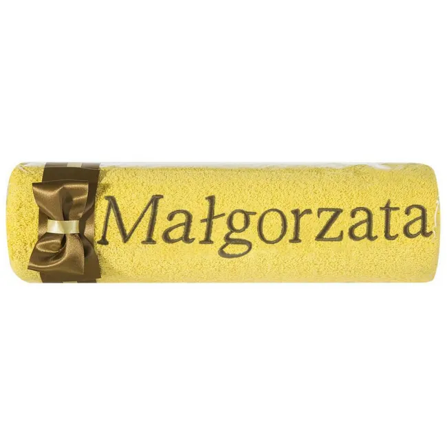 Ręcznik z haftem 50x90 Małgorzata żółty brązowa kokarda na prezent imieninowy