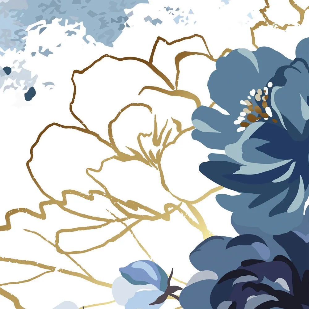 Pościel satynowa 160x200 Kerry biała niebieska złota kwiaty Eurofirany