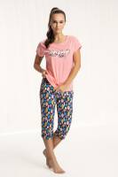 Piżama damska 616 różowa XL kolorowe listki krótki rękaw spodnie 3/4 bawełniana