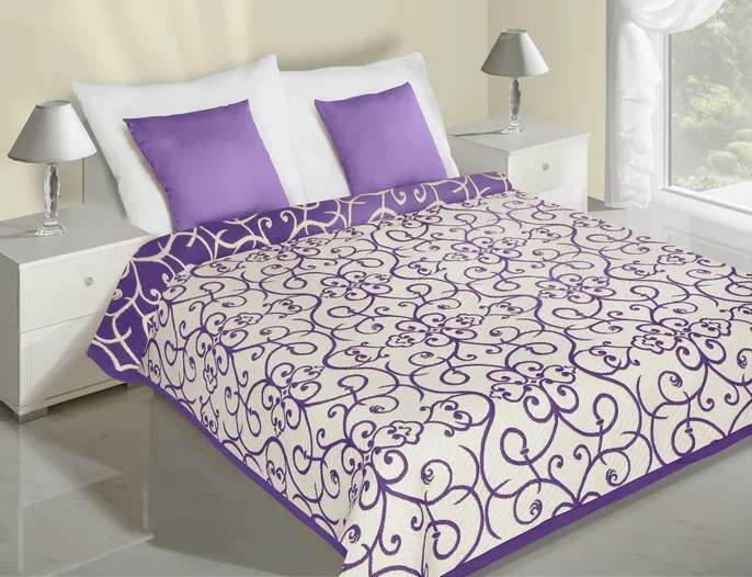Narzuta na łóżko 220x240 Milo kremowa fioletowa dwustronna