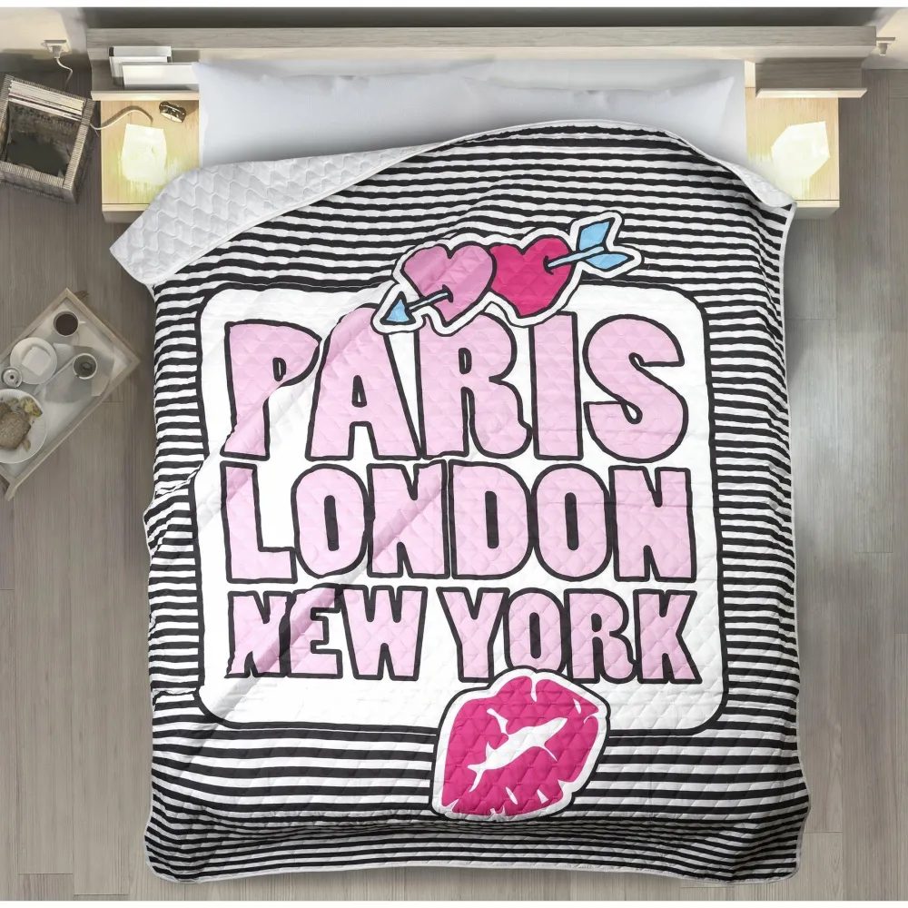 Narzuta dekoracyjna 200x220 Colet Paris London New York młodzieżowa biała różowa czarna pasy