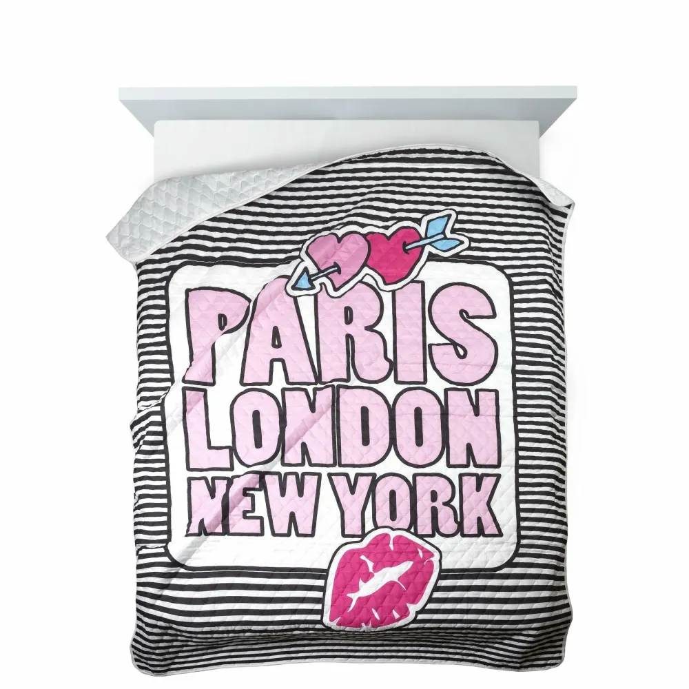 Narzuta dekoracyjna 200x220 Colet Paris London New York młodzieżowa biała różowa czarna pasy