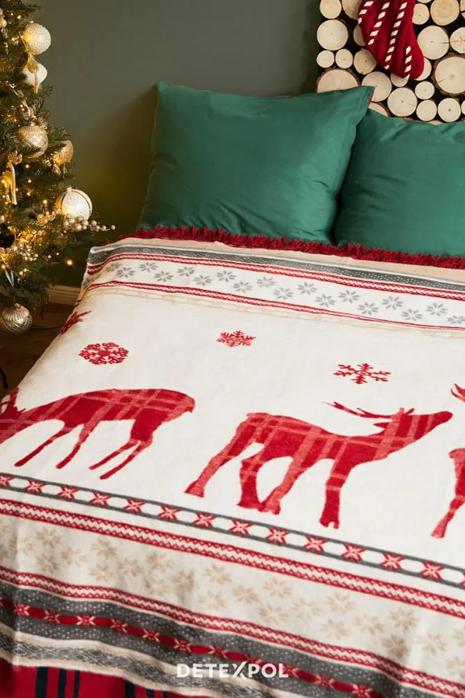 Koc bawełniany akrylowy 150x200 55 JB świąteczny Renifery gwiazdki kratka biały beżowy czerwony szary z frędzlami narzuta na łóżko