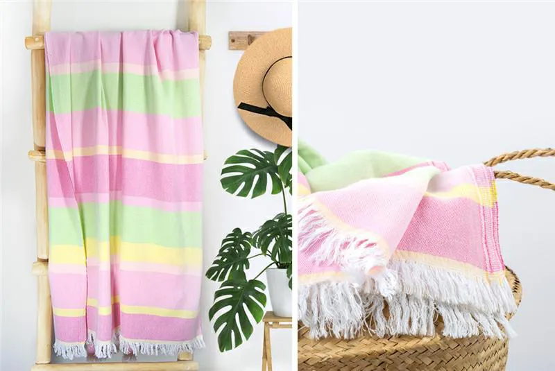 Ręcznik plażowy 90x180 For Her różowy     zielony pasy z frędzlami Plaża 23