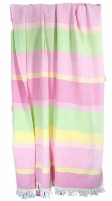 Ręcznik plażowy 90x180 For Her różowy     zielony pasy z frędzlami Plaża 23