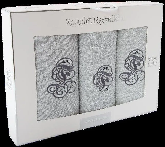 Komplet ręczników w pudełku 3 szt Monogram Stalowy 590 Zwoltex