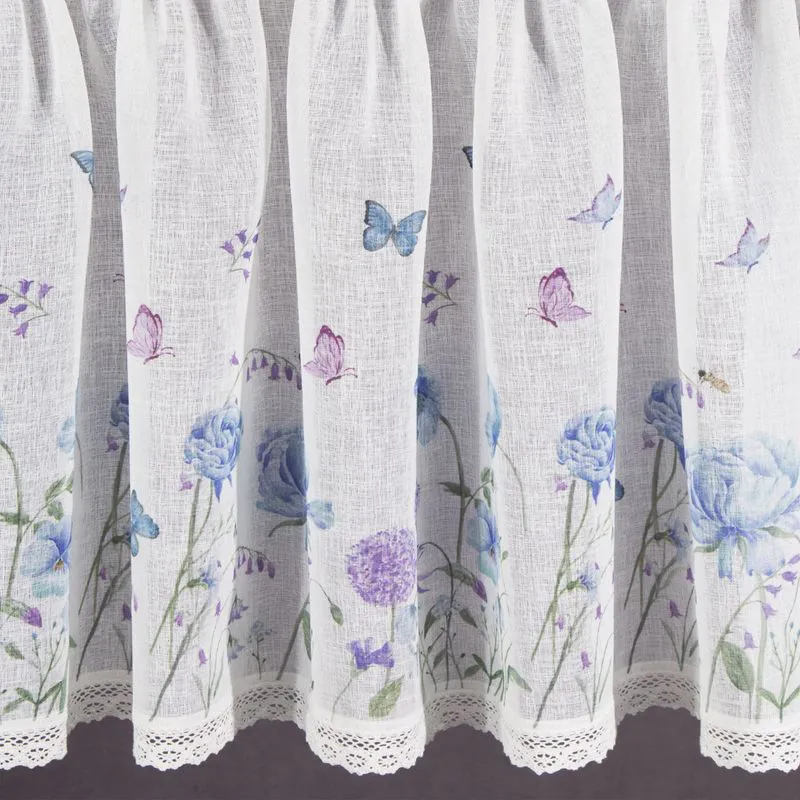 Zazdroska 60x150 Zoja biała niebieska gotowa na tunel wzór kwiatowy motylki  z matowej tkaniny z koronką Eurofirany