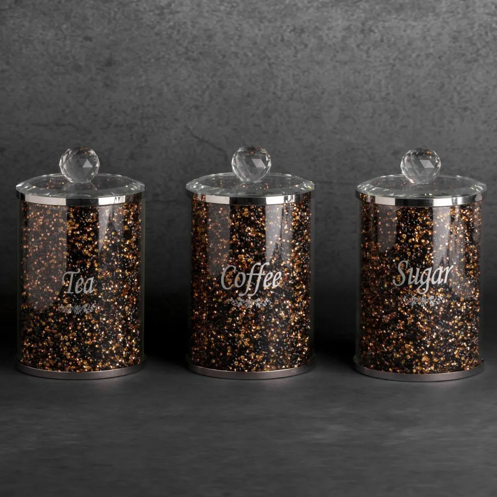 Komplet pojemników Ventosa 3szt. 10x17 kawa herbata cukier czarny złoty do przechowywania z kryształkami w stylu glamour Eurofirany