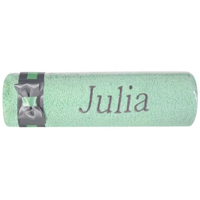 Ręcznik z haftem 50x90 Julia miętowy szara kokarda na prezent imieninowy