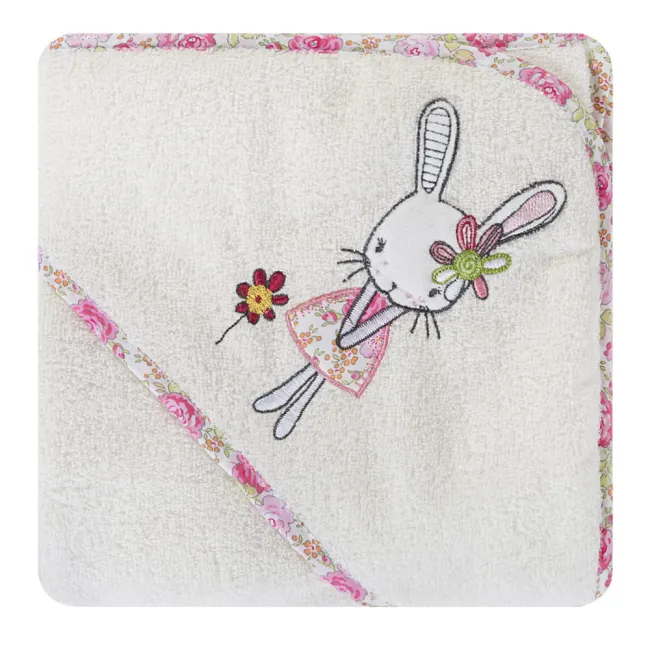 Ręcznik dziecięcy 75x75 Baby 8  kremowo różowy okrycie kąpielowe Króliczek