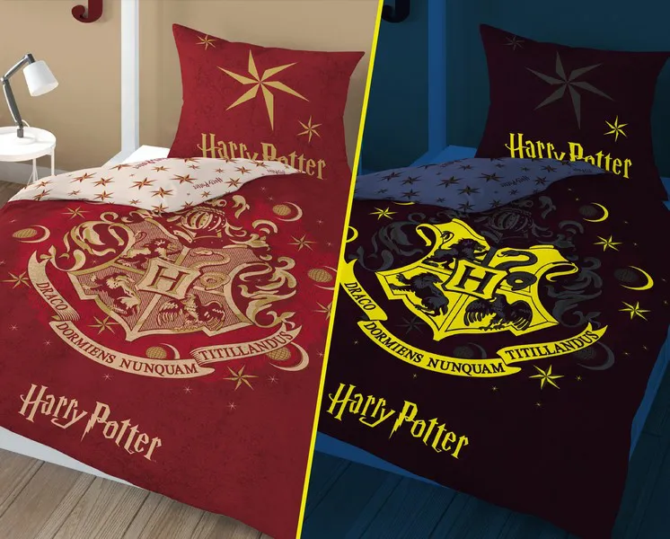 Pościel świecąca w ciemności 140x200 Harry Potter herb 2672 bordowa bawełniana młodzieżowa HP 04 Fluo