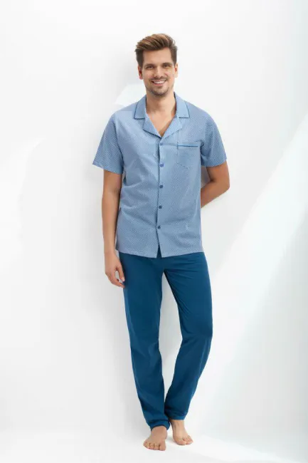 Piżama męska rozpinana 770 XL niebieska krótki rękaw długie spodnie Luna