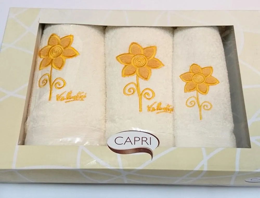 Komplet ręczników w pudełku 3 szt Valentini ekrii w żółte kwiatki 30x50 50x100 70x140