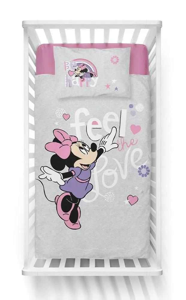 Pościel bawełniana 100x135 Myszka Mini Minnie Mouse szara Feel Love be happy 45 B 2490