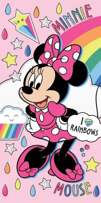 Ręcznik plażowy 70x140 Myszka Mini 9797 Minnie Mouse Rainbows tęcza kropelki gwiazdki różowy bawełniany