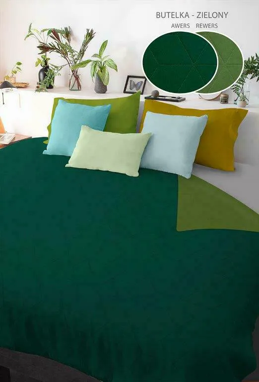 Narzuta dekoracyjna 220x240 Heksagon zielona butelkowa Beddo 004 dwustronna na łóżko