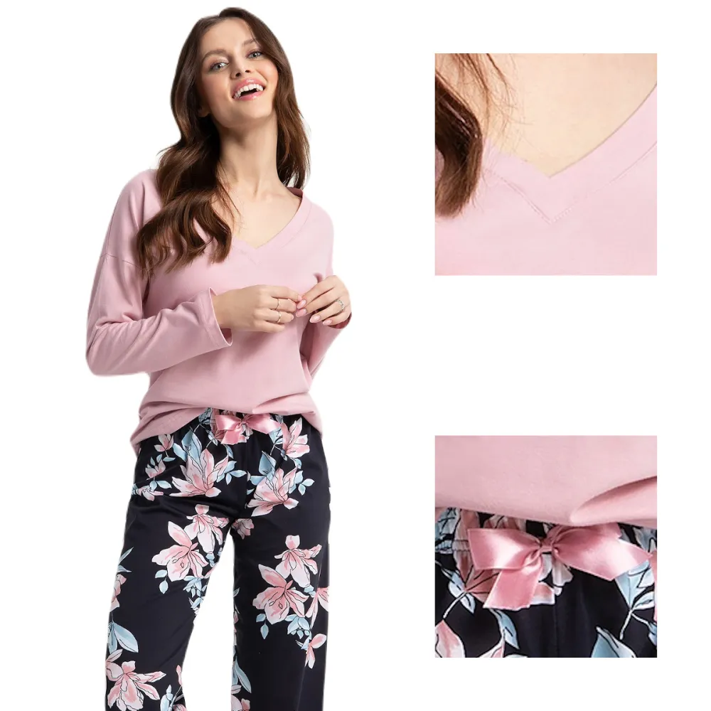 Piżama damska długa 614 różowa pudrowa    granatowa kwiaty rozmiar: XL