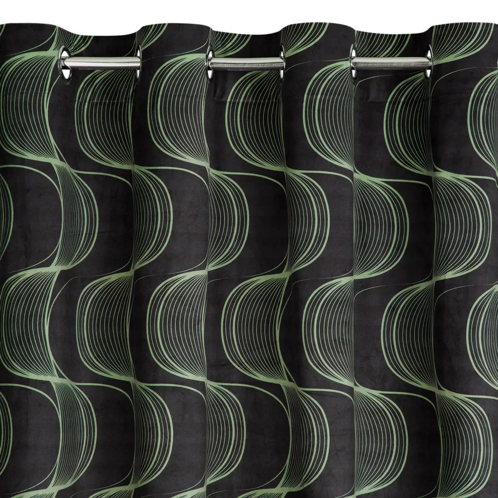 Zasłona 140x250 Pola czarna zielona welwetowa gotowa na przelotkach z symetrycznym falującym wzorem Eurofirany