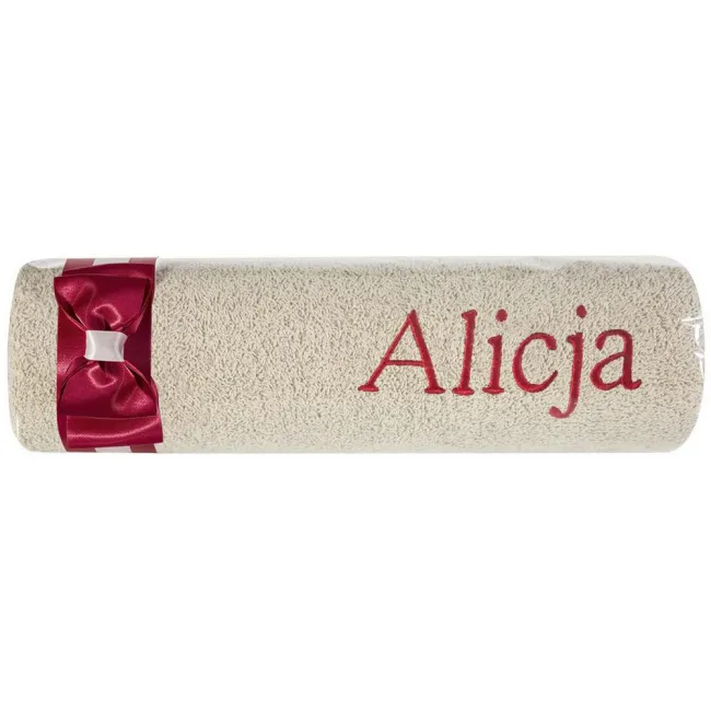 Ręcznik z haftem 50x90 Alicja beżowy bordowa kokarda na prezent imieninowy