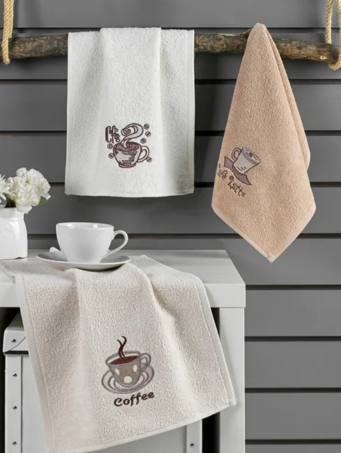 Komplet ręczników kuchennych Coffe Prima 3szt 30x50 haft Filiżanka kawy 3217/V2 kremowy beżowy bawełniany