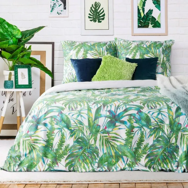 Pościel satynowa 160x200 tropikalna liście palmy biała zielona Tropical dwustronna