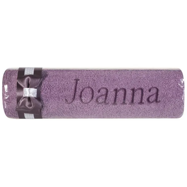 Ręcznik z haftem 50x90 Joanna fioletowy wrzosowa kokarda na prezent imieninowy