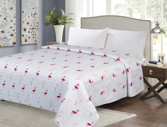 Narzuta dekoracyjna 200x220 Flamingo szara biała różowa paski flamingi