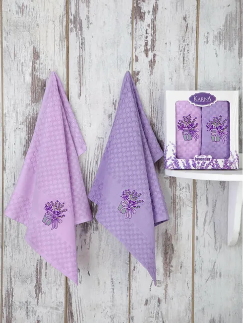 Komplet ręczników kuchennych Lavander 2szt waffel 45x65 haft kwiatki lawenda lililowy bawełniany