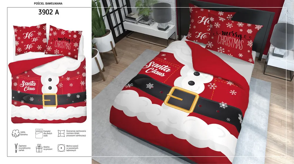 Pościel świąteczna 160x200 3902 A Mikołaj Santa Claus śnieżki czerwona bawełniana Holland Święta