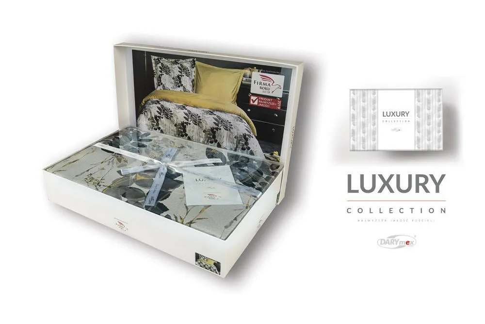 Pościel satynowa 160x200 Olivia w pudełku liście szara musztardowa dwustronna Luxury Premium