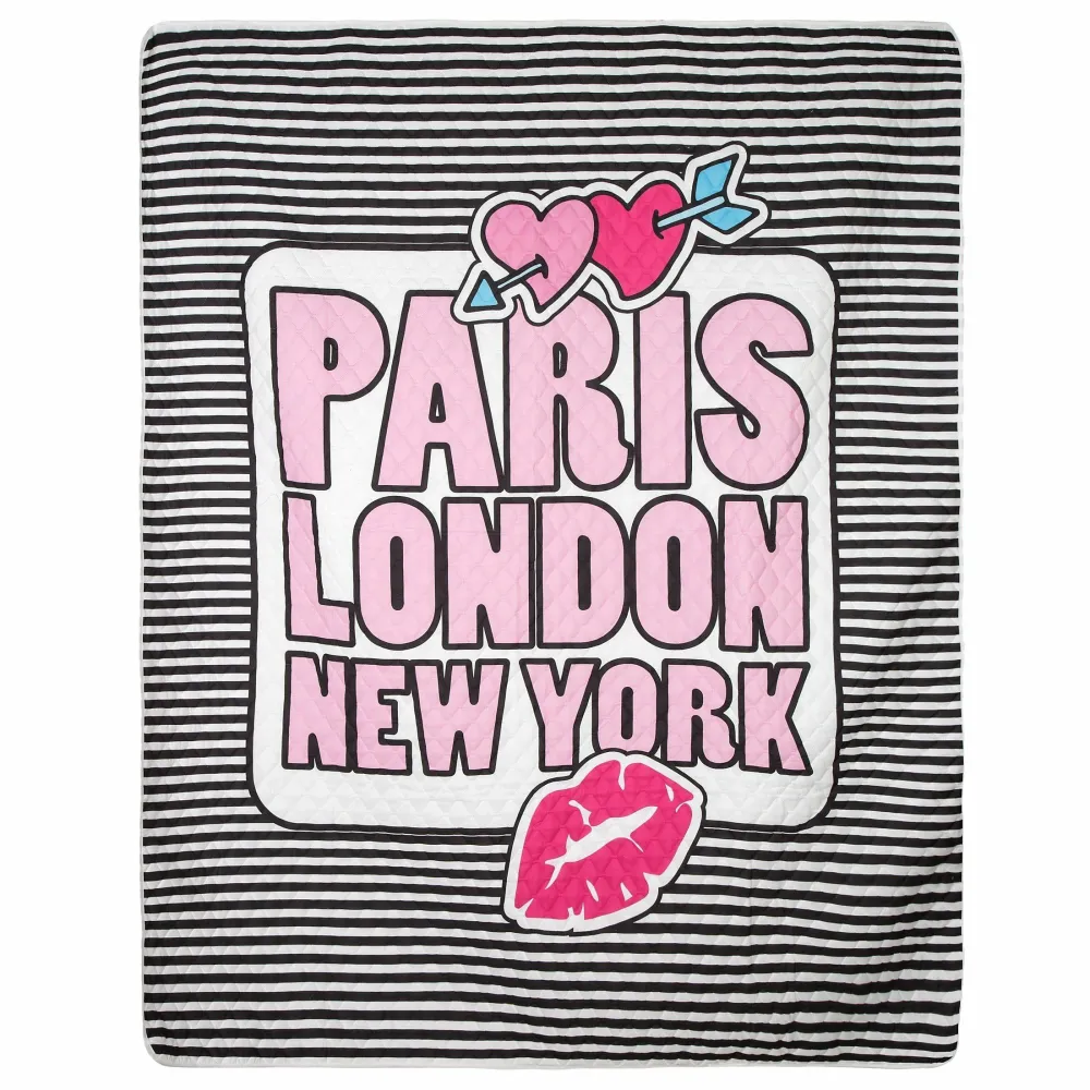 Narzuta dekoracyjna 170x210 Colet Paris London New York młodzieżowa biała różowa czarna pasy