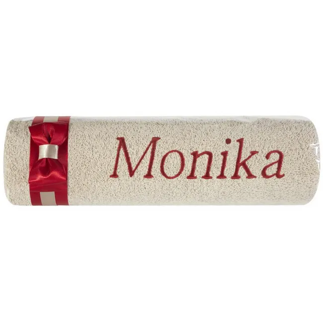 Ręcznik z haftem 50x90 Monika beżowy bordowa kokarda na prezent imieninowy