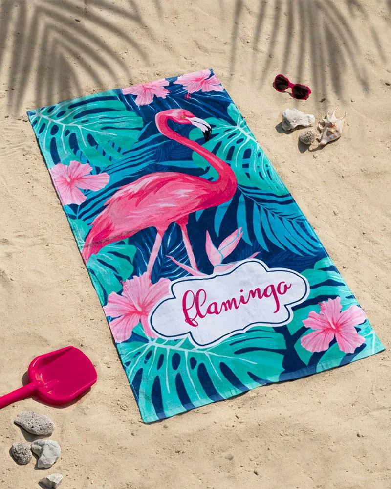 Ręcznik plażowy 70x140 Flaming liście palmy monstery kwiaty botaniczny egzotyczny młodzieżowy bawełniany 7310
