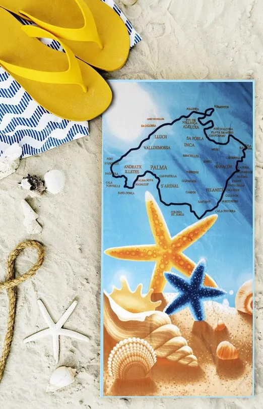Ręcznik plażowy 86x170 XXL Monica 23 plaża Rozgwiazda muszelki mapa mikrofibra 270g/m2 błękitny żółty kąpielowy