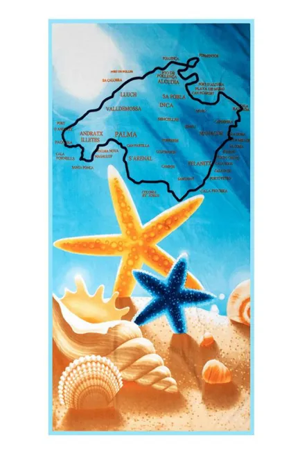 Ręcznik plażowy 86x170 XXL Monica 23 plaża Rozgwiazda muszelki mapa mikrofibra 270g/m2 błękitny żółty kąpielowy