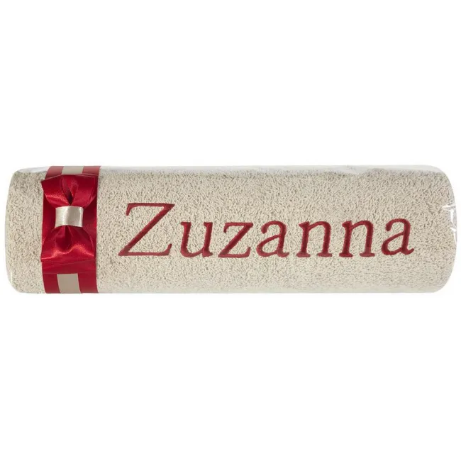 Ręcznik z haftem 50x90 Zuzanna beżowy bordowa kokarda na prezent imieninowy